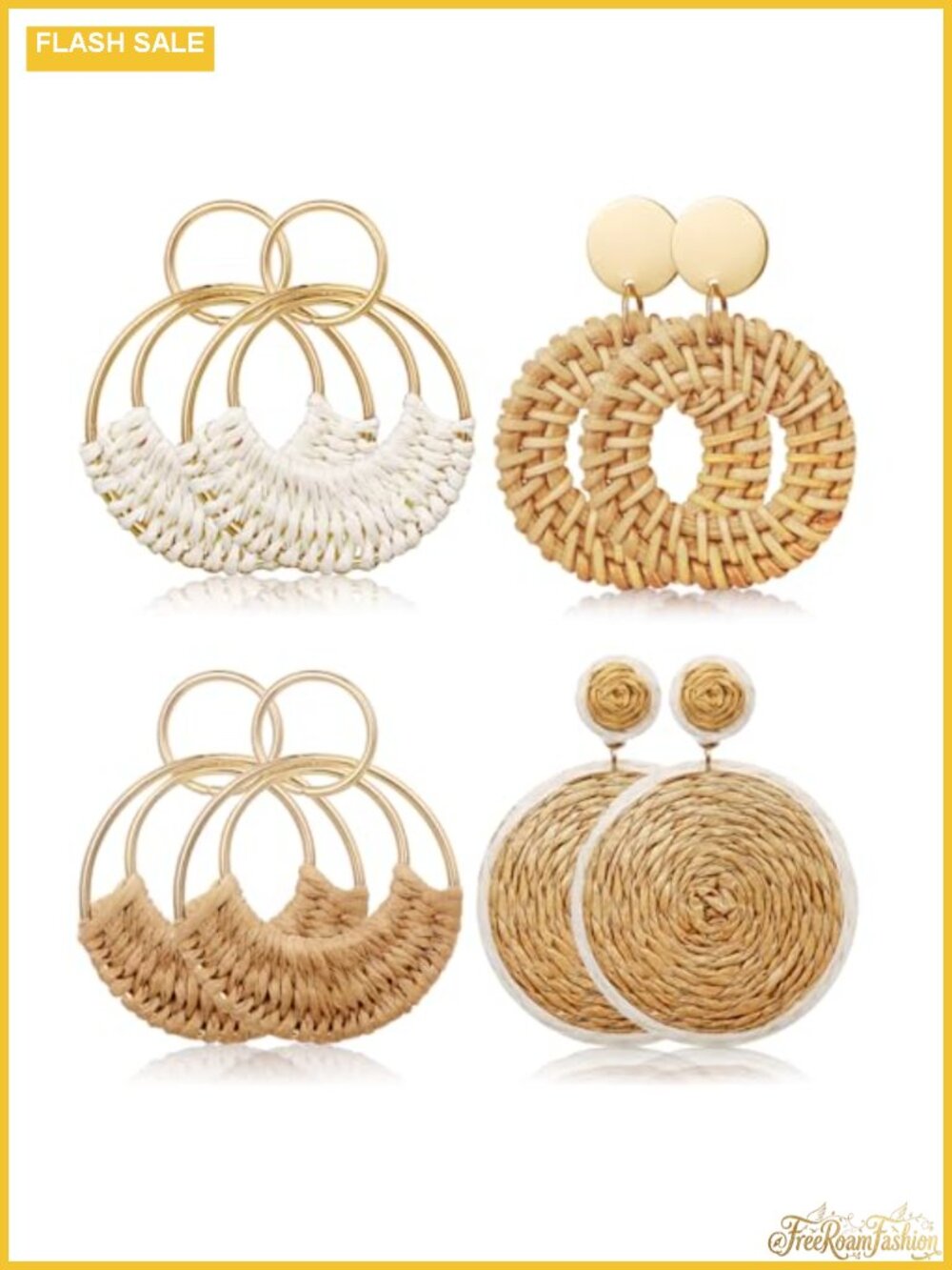 Handmade Raffia Rattan Bohemian Round Drop Dangle Earrings Set for Women